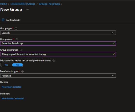 Windows Autopilot test group