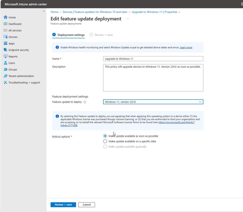 deployment settings