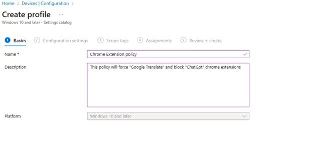 Browser Extensions via Intune - name and description