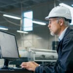 Engineer in hardhat and glasses working on a desktop computer.