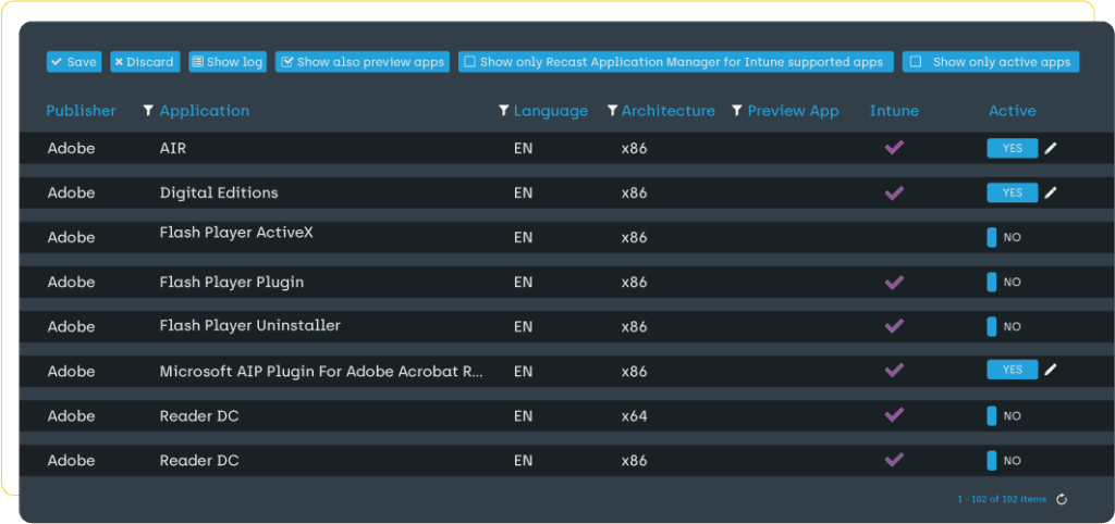 Screenshot from within Application Manager that shows a listing of published applications and if they are active or not.