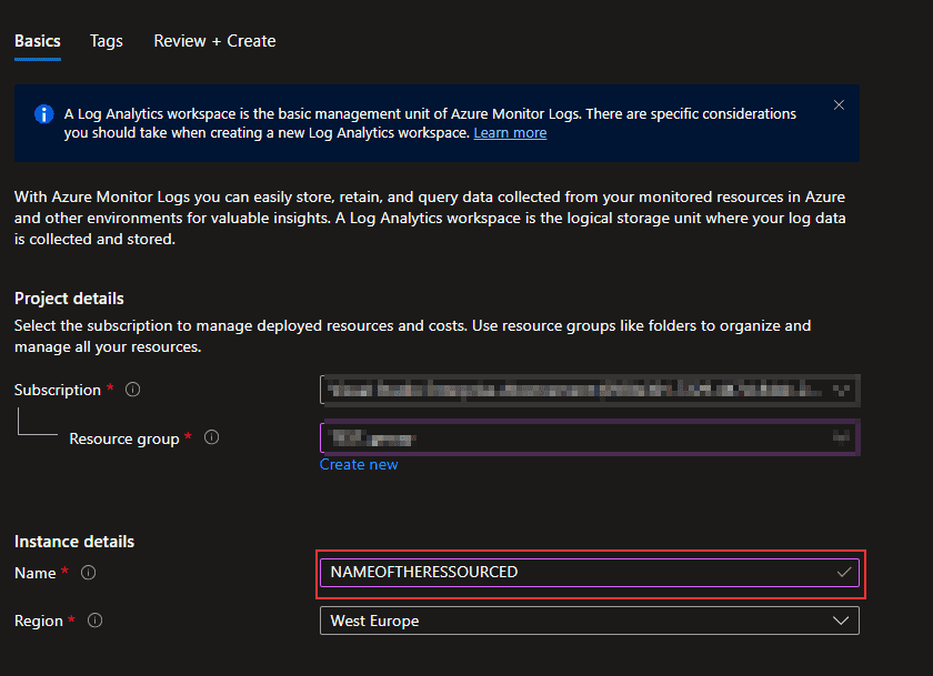 azure monitor logs name and region