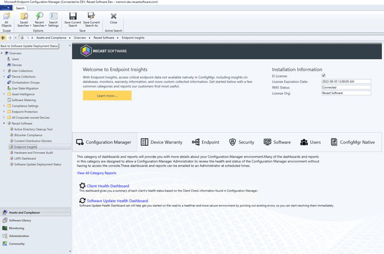 ConfigMgr Console - Endpoint Insights