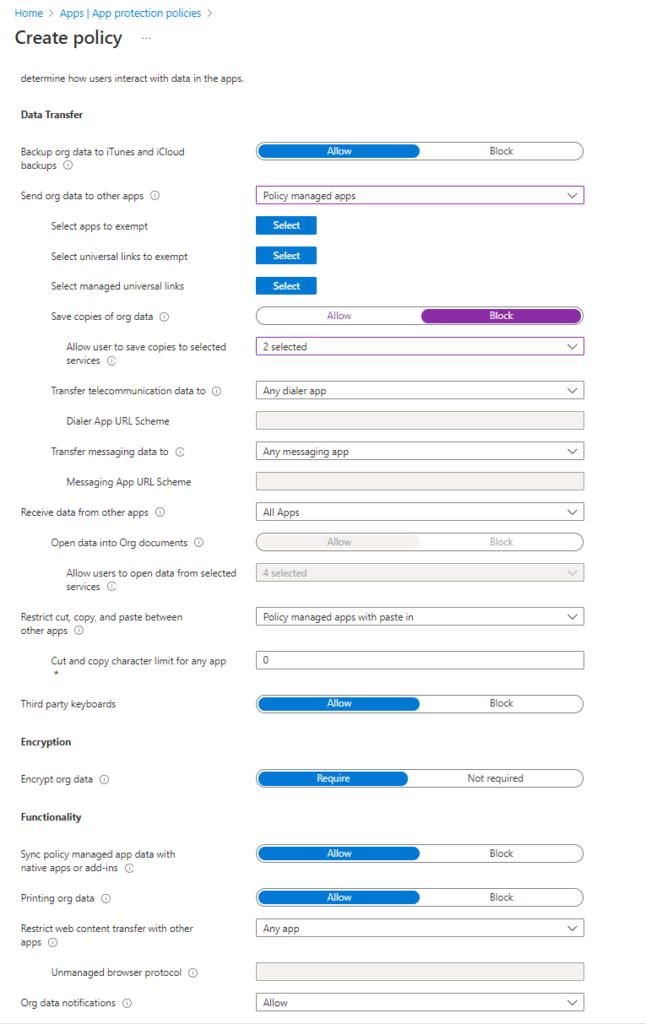 MAM for iOS Devices with Intune - data transfer restrictions