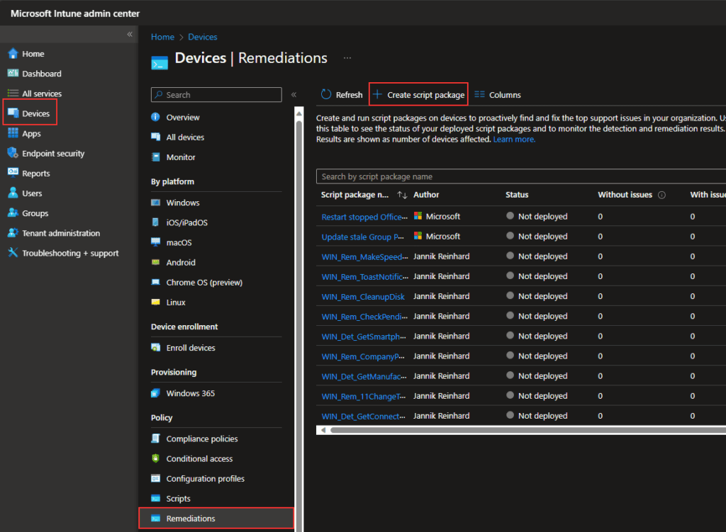 devices -> remediations -> create script package