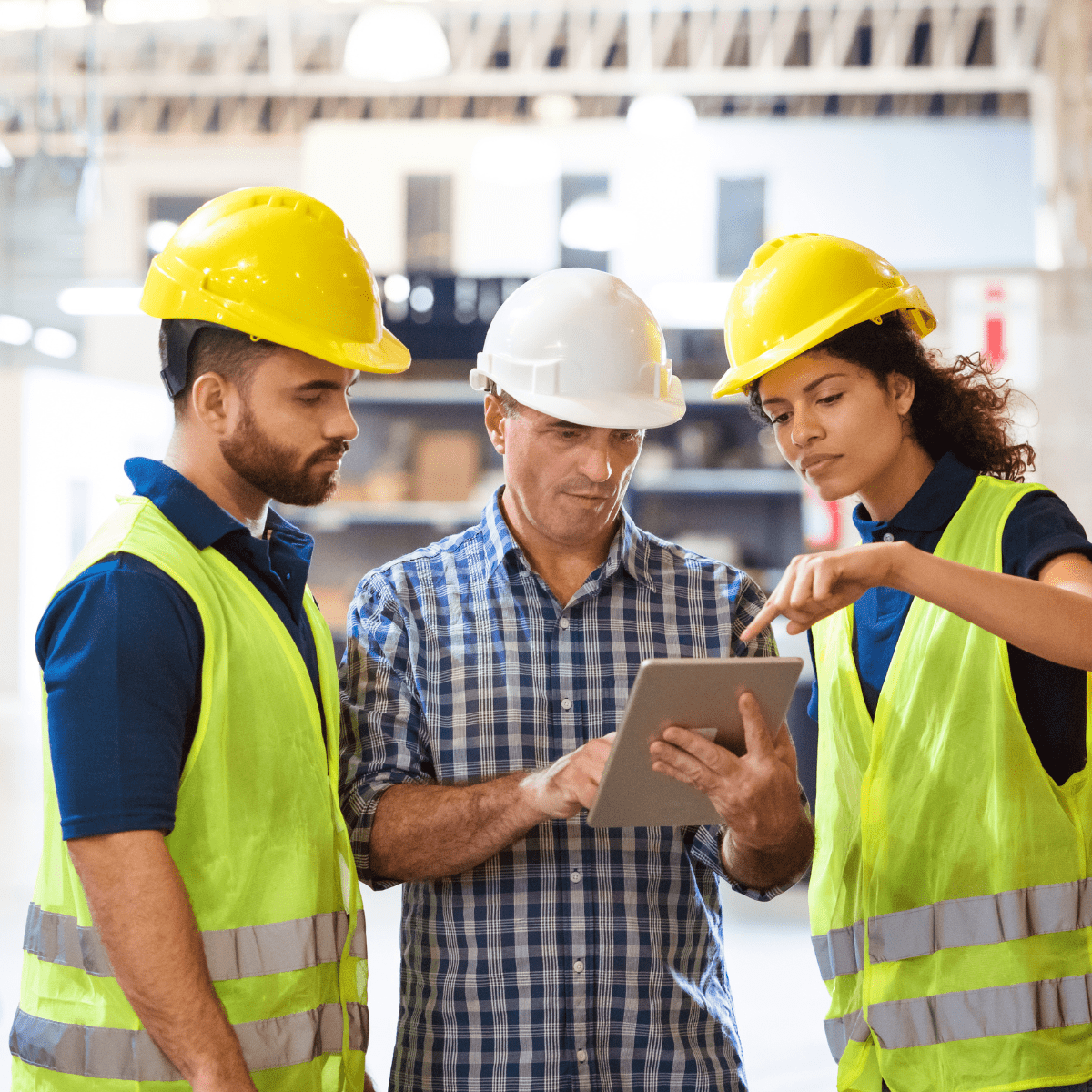 Three associates wearing hard hats and reflective gear working together while looking at a tablet.