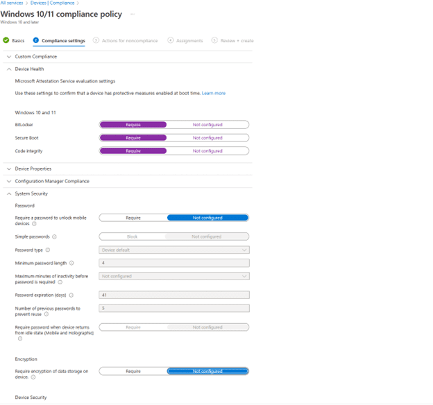 Compliance Baselines in Intune - settings