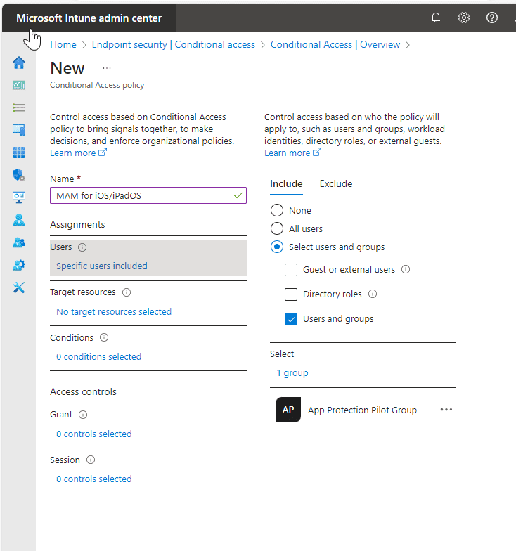 MAM for iOS Devices with Intune - select group