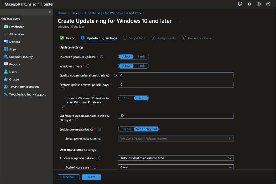 Update ring settings